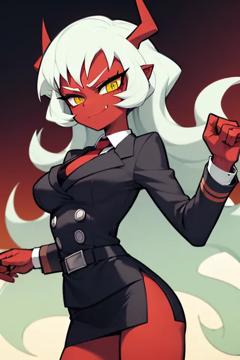 (masterpiece, best quality:1.2), solo, 1girl, psgscanty, (((red skin))), evil smile, looking at viewer, standing, confidence, arrogant, horns, v-shaped eyebrows, (((black pinstripe skirt suit))), (((three-piece suit))), (((necktie))), (((dress shirt))), ((...