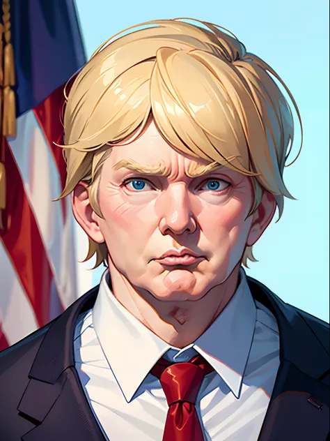 Donald Trump as senpai character, kawaii, fine texture, incredibly lifelike, cute.