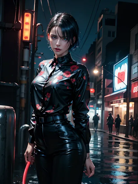 Outdoors, black mature woman, wearing black and red floral shirt, wearing black dress pants, blue eyes, glowing eyes, short hair, grey skin, club environment, night, blue neon signs, 8k, Unreal engine, highly detailed, photorealistic, wet clothes, dripping...