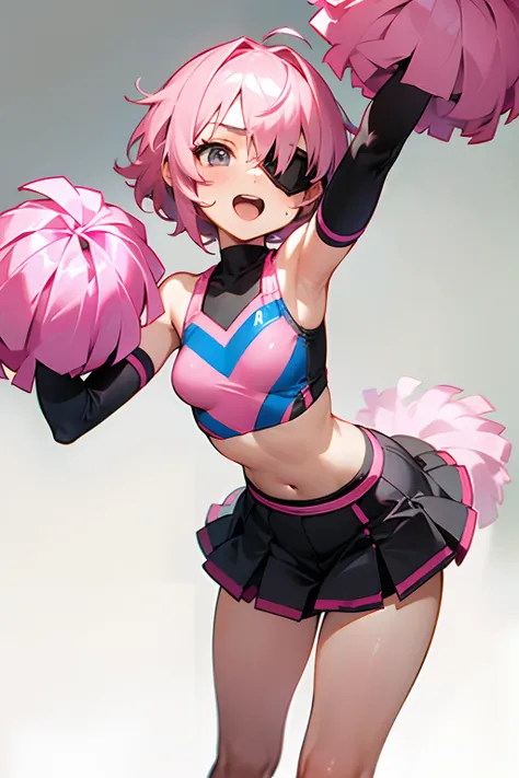 redraw, 1girl, pink short hair, side bob, black eyepatch, grey eyes, cheerleader outfit, flat chested, loli, thighs, excited