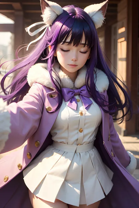 string hair ribbon, purple hair, ((realistic)), ((photorealisim)), ((photorealistic)), ((cosplay)), ((real life)), 1girl, solo, closed eyes, black hair, multicolored hair, blush, fur trim, fur-trimmed coat, smile, coat, purple hair, long hair, ((eye mask))...