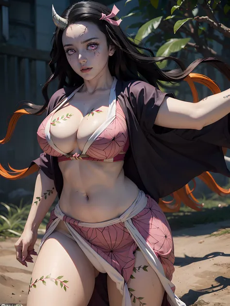 (ultra realistic photo of Nezuko kamado goddess of beauty, bright pink eyes, angry expression with anger, hatred, she has a horn, 8k, UHD, hot girl with ultra giant breasts, huge long breasts sticking out of her kimono, erotic, with hair long black ones wi...