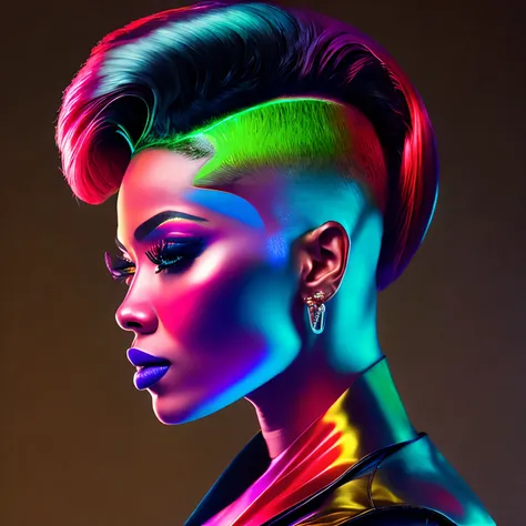 an african woman a pair of glasses, well cut conical hair well shaved on the sides style a madness in the 90's piece, brincos, c...