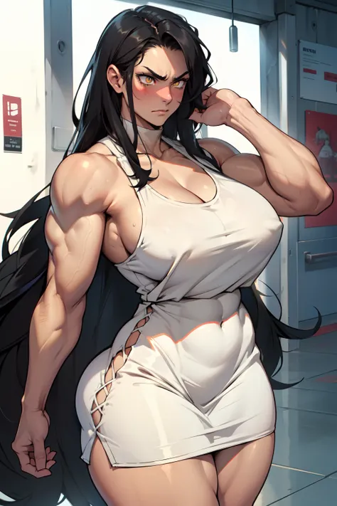 girl huge breasts bodybuilder muscular toned body pale skin black hair very long hair yellow eyes angry blushing embarrassed thick thighs sundress