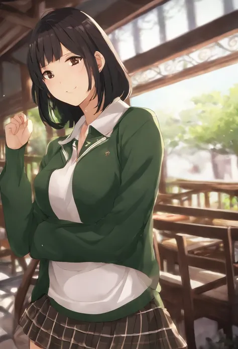 (masutepiece, Best Quality, hight resolution), Arima Kana (oshi no ko), Sian Cur Digan, Sweaters, Dark_Green_Shirt,Miniskirt, Standing, Open open clothes, Solo,