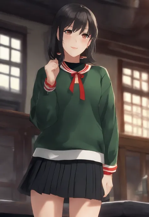 (masutepiece, Best Quality, hight resolution), Arima Kana (oshi no ko), Sian Cur Digan, Sweaters, Dark_Green_Shirt,Miniskirt, Standing, Open open clothes, Solo,