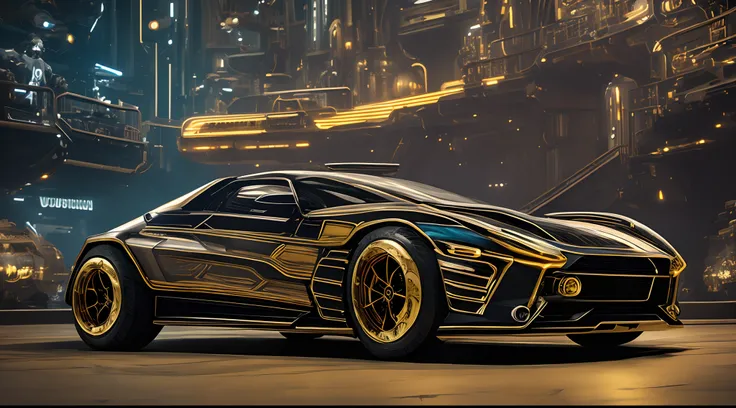 Um carro dos anos 2050, Camera-facing, visual completo, futuristic accessories, Neopunk scene, Metallic tones with an emphasis on gold, Mike Mignola-influenced steampunk comic book art, arte premiada, detalhes intrincados, qualidade extrema, 8K