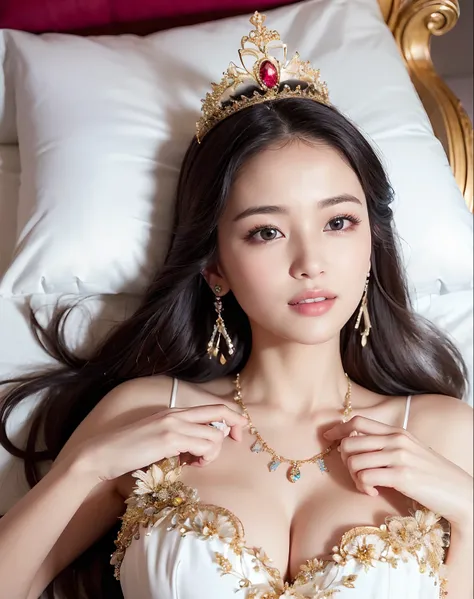 ((Princess of the Japan,Pretty Princess,Phenomenally cute schoolgirl,The cutest woman,goddess of Japan, bulging chest,large full breasts,)),((lying on a gorgeous bed、Unimaginably gorgeous bed,The most gorgeous bed,Staring at us,Lying in bed,lying on the be...