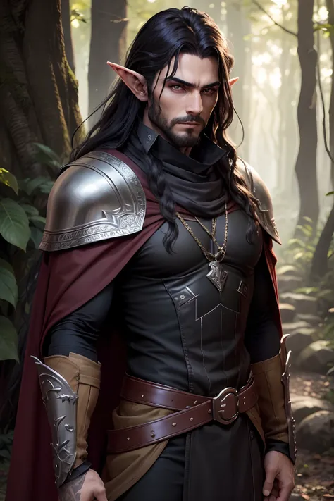 An elven forest male elf. Nascido da floresta. With boots that dont make a sound. Black leather armor on the background and cape to become invisible. Cabelo preto comprido com design robusto. Os olhos amarelos pareciam gritar como um lobo. Facial feature w...