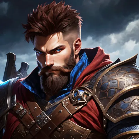 man with short beard, epic rpg portrait, fantasy male portrait, rpg portrait concept art, male warrior, fantasy concept art portrait, epic portrait illustration, detailed character portrait, one human warrior, big black armor with details red, full armor, ...