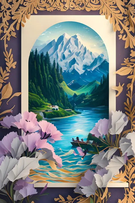 best quality,ultra-detailed,(Beautiful and delicate: 1.2),Official art,(paper art:1.3),On the shore of the lake in spring, the blue waves are rippling and the breeze is blowing. The willows reflected on the surface of the lake, dancing with the lake, are l...