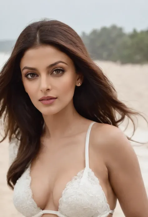 A cross between Aishwarya Rai Bachchan and Mila Kunis. Age 23, Fair indian skin, 36dd silicone boobs, dress size 4. Full body view. Wearing a white bikini from victoria secret, walking on a beach, low angle, breathtaking beauty, vibrant, cinematic, 8k, cle...