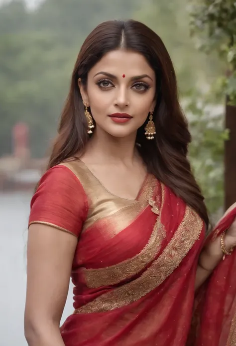 A cross between Aishwarya Rai Bachchan and Mila Kunis. Age 23, Fair indian skin, 36dd silicone boobs, dress size 4. Full body view. Wearing a red and gold sari , dancing in the rain, low angle, breathtaking beauty, vibrant, cinematic, 8k, clear realistic e...