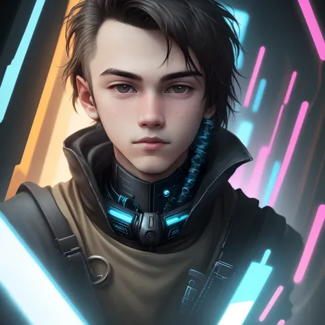 Make this picture like clear face and rotate the face at right face and a boy and with cyberpunk background and lines of blur color on his face.