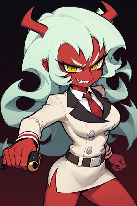 (masterpiece, best quality:1.2), solo, 1girl, psgscanty, (((red skin))), evil smile, looking at viewer, standing, confidence, arrogant, horns, v-shaped eyebrows, jacket, red necktie, skirt, skirt suit, belt, wide stance, dynamic pose, holding guns, combat,...