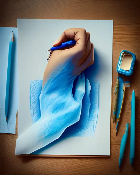 Create a realistic image of a hand holding a blue pen over a drawing paper