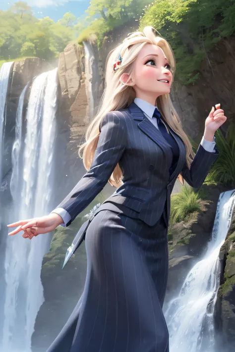 (masterpiece:1.4), (best qualit:1.4), (high resolution:1.4), elsa of arendelle, long hair, (((navy pinstripe skirt suit))), (((three-piece suit))), (((necktie))), (((dress shirt))), (((blazer))), (((suit jacket))), (((waistcoat))), double-breasted waistcoa...