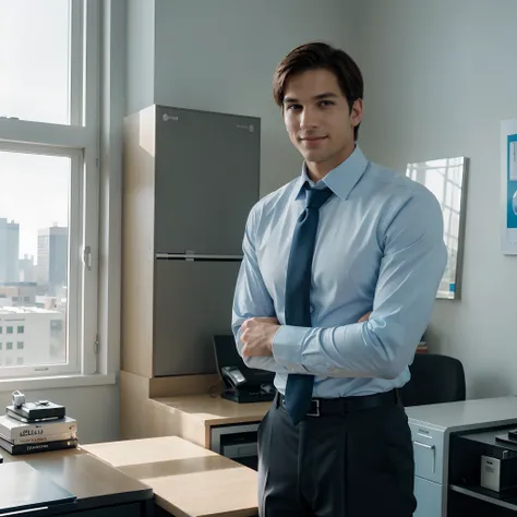 smiling man in white shirt and blue tie standing with arms crossed, handsome and attractive, professional profile photo, elegant confident pose, wearing a light blue shirt, elegant smiling pose, wearing a shirt with a tie, young handsome man, handsome male...