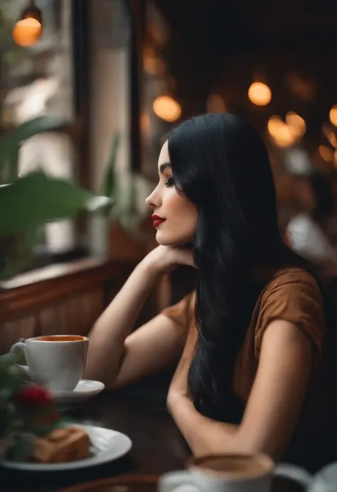 Cute girl in a café with long black hair