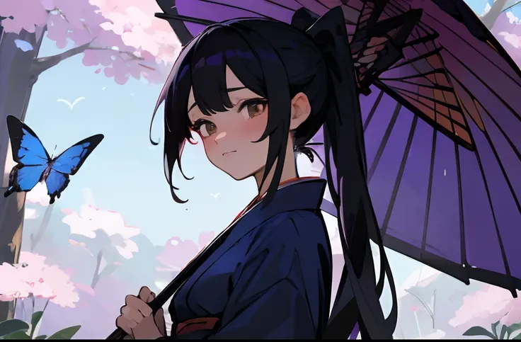 masterpiece, high quality, very detailed shading, vibrant colours, perfect face, youn woman, sparkling eyes, blue kimono, purple hakama, forest, flowers, butterflies, blue sky,long black hair, low ponytail, brown eyes, frustrated expression, blushing