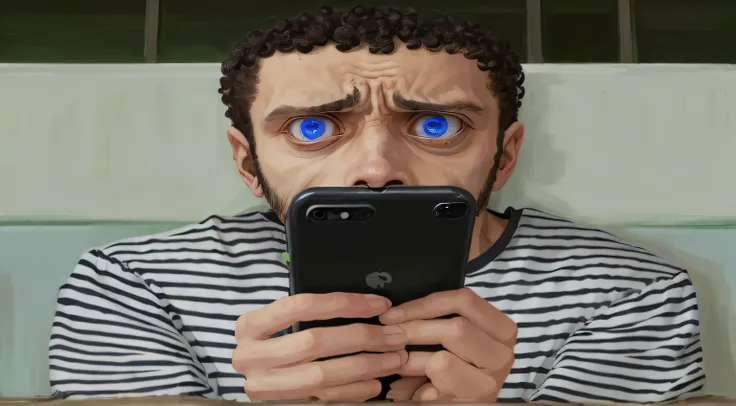 um close up de um homem olhando para seu celular, olhando para o telefone dele, olhar horrorizado em seus olhos, parecendo surpreso, he is holding a smartphone, olhar chocado, Enormes olhos surpresos, man is terrified, surprised expression, olhar assustado...