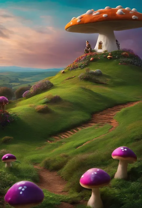 Willy wonka evil trippy surrounding him oompa loompa that look like mushrooms. On top of a hill.  In the background a hole with a rabbit half way out