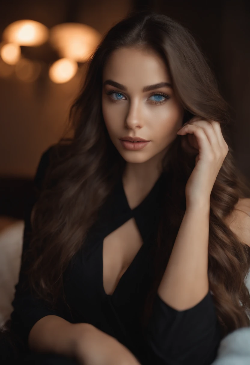 arafed woman with black clothes, sexy girl with blue eyes, portrait sophie mudd, brown hair and large eyes, selfie of a young woman, bedroom eyes, violet myers, without makeup, natural makeup, looking directly at the camera, face with artgram, subtle makeu...