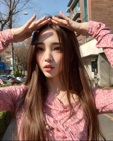 Arafed woman with long brown hair standing on a sidewalk, foto de perfil, Jossi de Blackpink, Chica coreana, Pokimane, Hermosa mujer surcoreana, Retrato de Jossi de Blackpink, ulzzang, Jinyoung Shin, Jaeyeon Nam, Wan adorable cara coreana, Blackpink Jennie...