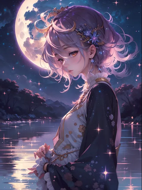 A highly condensed beauty dressed in a painting of stars and moons in the river and sky, concept art inspired by Tosa Mitsuoki, pixiv competition winner, best quality, fantasy art, beautiful anime scenes, a round of bright moon, starry sky environment in t...