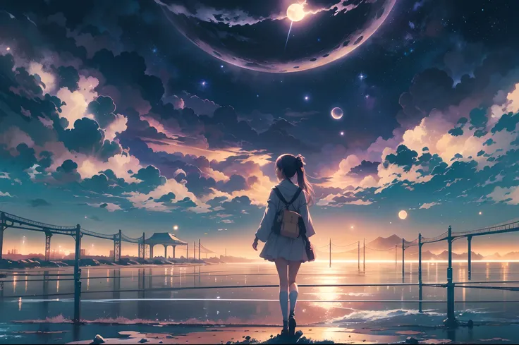 A highly condensed beauty dressed in a painting of stars and moons in the river and sky, concept art inspired by Tosa Mitsuoki, pixiv competition winner, best quality, fantasy art, beautiful anime scenes, a round of bright moon, starry sky environment in t...