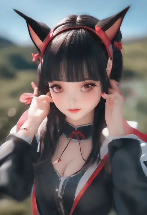 black hair, hair bobbles, wince, longeyelashes, solid circle eyes, fake animal ears, light smile, ear blush, fang, Surrealism, drop shadow, anaglyph, stereogram, tachi-e, pov, atmospheric perspective, 8k, super detail, ccurate, best quality