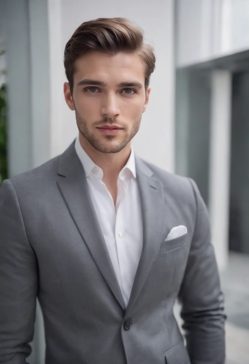 attractive 26 year old man in Hugo boss business suit , Belle barbe , Executive Sexy Man, Terno donc, Front camera focus, mode portrait, perfectly straight in front of the camera