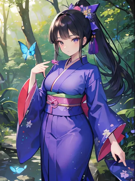 masterpiece, high quality, very detailed shading, vibrant colours, perfect face, detailed background, young Japanese woman, adult woman, sparkling eyes, blue kimono, purple hakama, medium breasts,forest, trees,flowers, complex background, butterflies, blue...