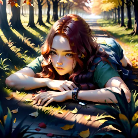 Imagem realista. Cores avermelhadas. Noite. A forest floor with dry leaves. A teenage girl with red hair lying on the floor. Tinta cor de vinho espalhada pelo ambiente e derramada sobre ela. A connected cell phone thrown near the hand.