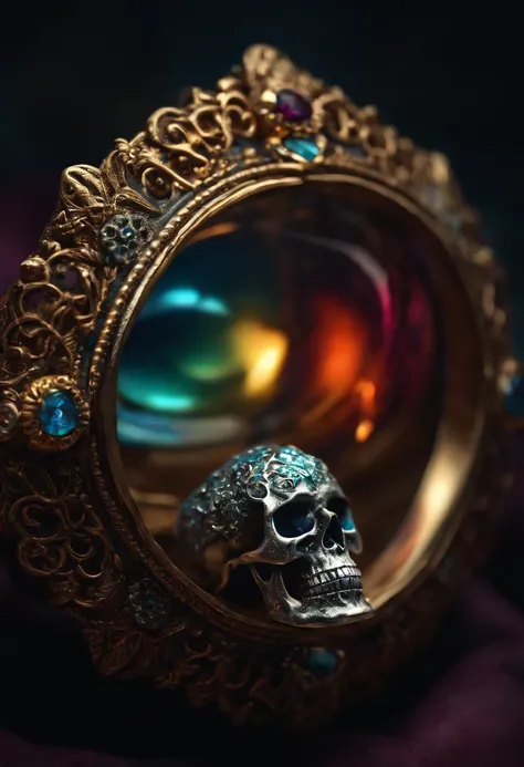 (colorful magic), (grim), magical skull inside gem, focus on a ring ,(intricate details), (hyperdetailed), 16k hdr, high detailed, lot of details, high quality, soft cinematic light, dramatic atmosphere, atmospheric perspective