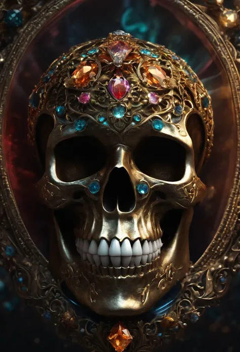 (colorful magic), (grim), magical skull inside gem, focus on a ring ,(intricate details), (hyperdetailed), 16k hdr, high detailed, lot of details, high quality, soft cinematic light, dramatic atmosphere, atmospheric perspective