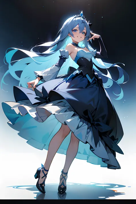 1girl, long blue hair, blue eyes, tiara, blue dress, see through, detached sleeves, high-low skirt, black footwear, small breasts, grin