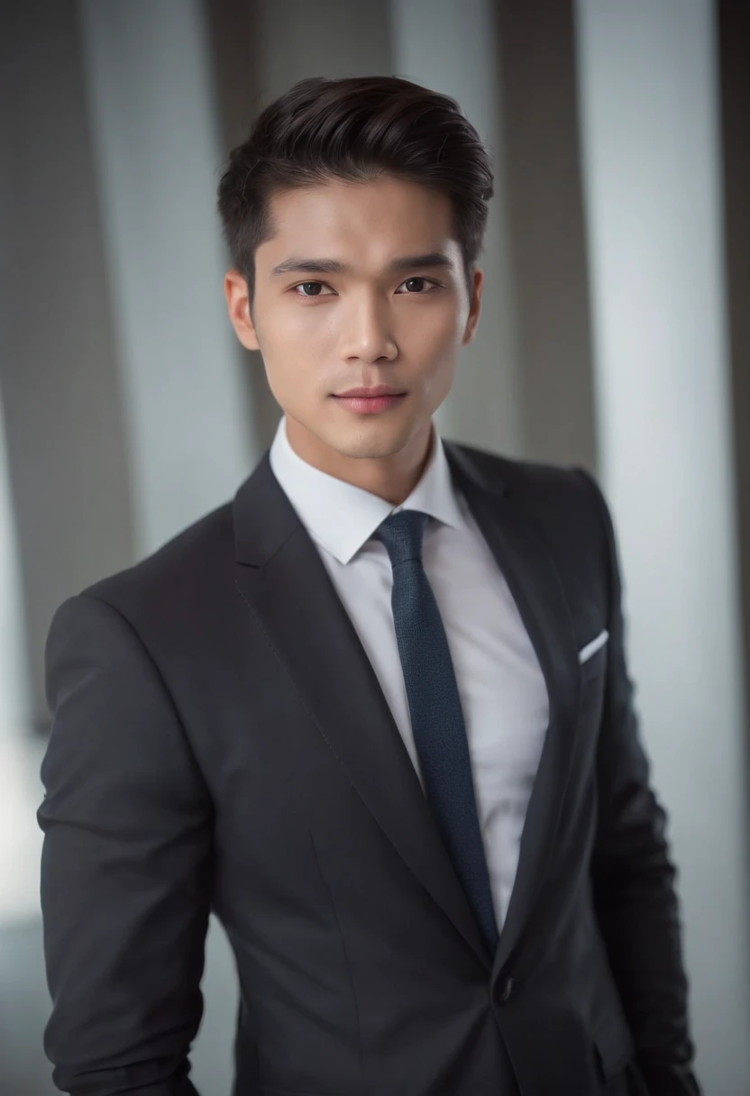 attractive 26 year old indonesian, man in Hugo boss business suit ,  Executive Sexy Man, Terno donc, Front camera focus, mode portrait, perfectly straight in front of the camera