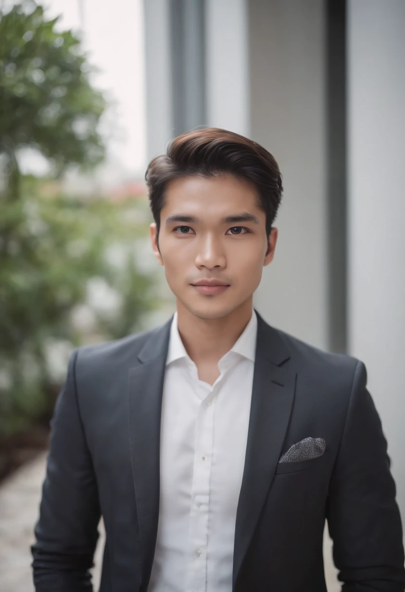 attractive 26 year old indonesian, man in Hugo boss business suit ,  Executive Sexy Man, Terno donc, Front camera focus, mode portrait, perfectly straight in front of the camera