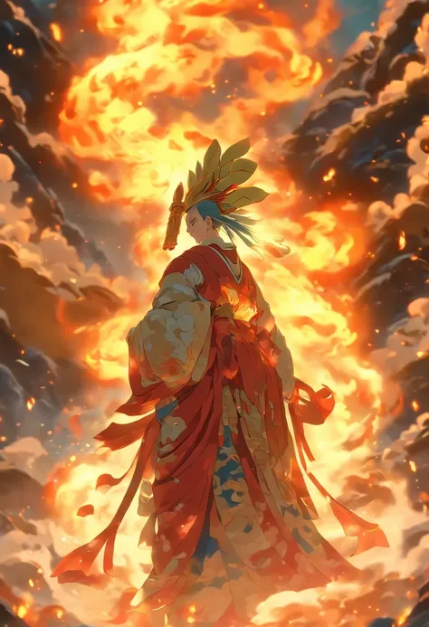 (((Japanese God))) best quality, ultra-high resolution, 4K detailed CG, master piece,KAGUTSUCHI, Man, Japanese clothes, wind, flames, smoke,Japanese mythology, Japan, ((next to camera)), Shui Mo Hua, Chinese painting style, Thangka style, aesthetics, Beaut...