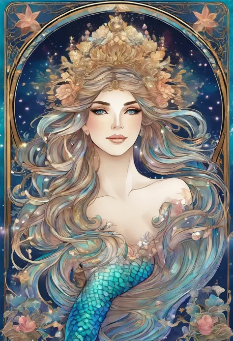 Em 8k, She embodies perfection, a mermaid of regal stature, akin to a celestial goddess. Her form shimmers with iridescent hues, as though the very essence of the oceans beauty resides within her. Her eyes, deep pools of liquid sapphire, hold the mysteries...