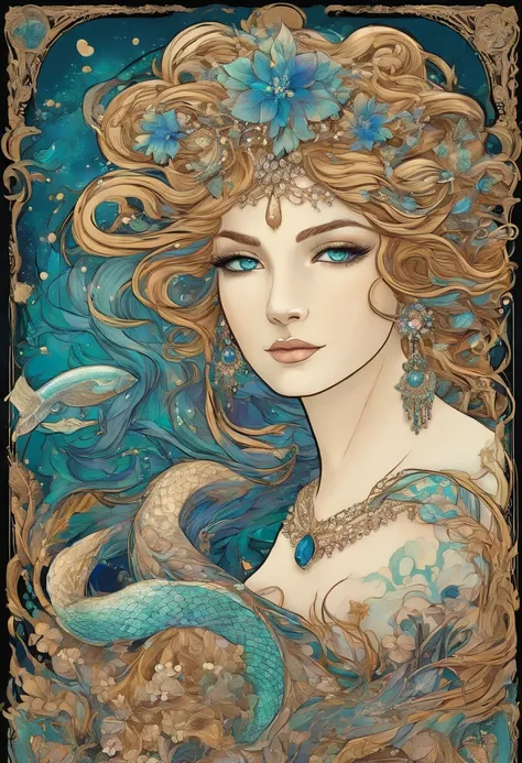 Em 8k, She embodies perfection, a mermaid of regal stature, akin to a celestial goddess. Her form shimmers with iridescent hues, as though the very essence of the oceans beauty resides within her. Her eyes, deep pools of liquid sapphire, hold the mysteries...