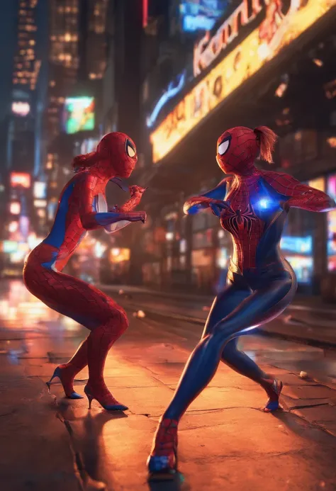 2 spidergirls fighting  in NY  gegen  Venom und, Reno