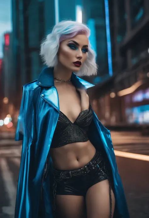 With her shock of electric blue hair, eyes that shimmered like liquid chrome, and a wardrobe that fused high fashion with cyberpunk edge, she was a vision of futuristic beauty, a living embodiment of the citys vibrant energy.