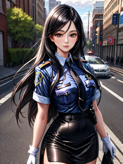 masterpiece , high resolution , 8k best quality , realistic detailed , 1woman , long black hair , silky hair , brown sharp eyes , attractive eyes , police girl , wearing police office dress, high waisted skirt, necktie, white gloves