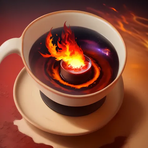 A flaming meteor falling into a glass cup full of water as the water is dispersing with vibrant red colors, with the perspective from above the cup