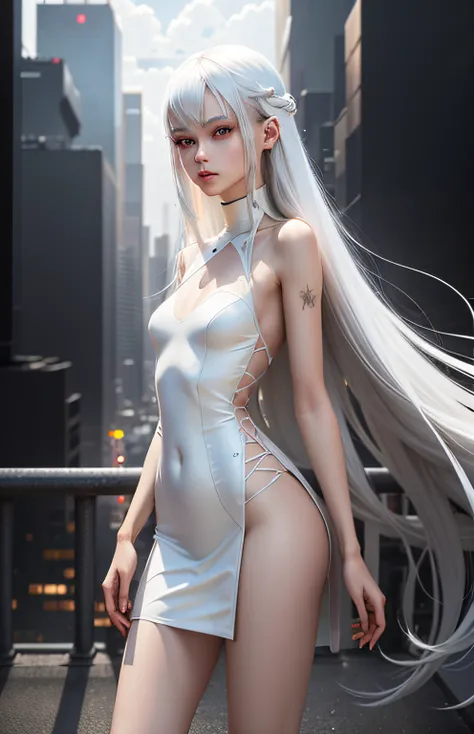 Cyberpunk slender young girl, White long hair, Full-length in a short dress, is looking at the camera, Against the backdrop of a cyberpunk city, white short dress, naked legs, brightness, Masterpiece, Best Quality, 1girl, hiquality, Ultra Detailed, ((Real ...