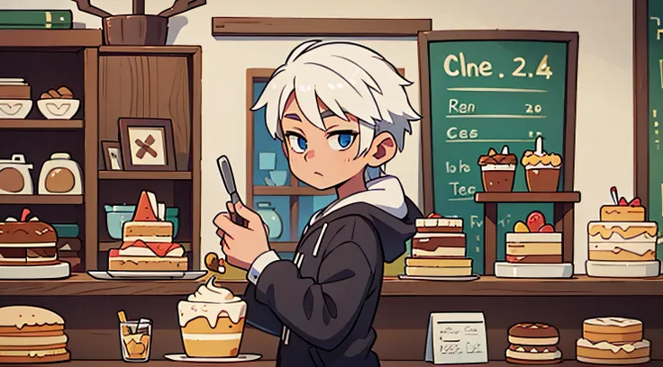 Guy with white hair in cake shop