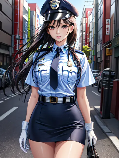 masterpiece , high resolution , 8k best quality , realistic detailed , 1woman , long black hair , silky hair , brown sharp eyes , attractive eyes , police girl , wearing police office dress, japanese policewoman uniform, light blue short sleeved shirt, nav...