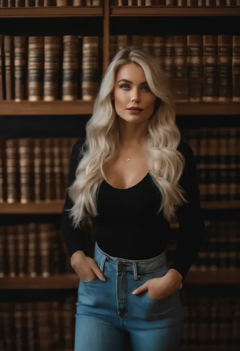 "A realistic white Instagram influencer, high quality, blonde, a single girl with blue eyes, in a black long-sleeved t-shirt, located in a library."